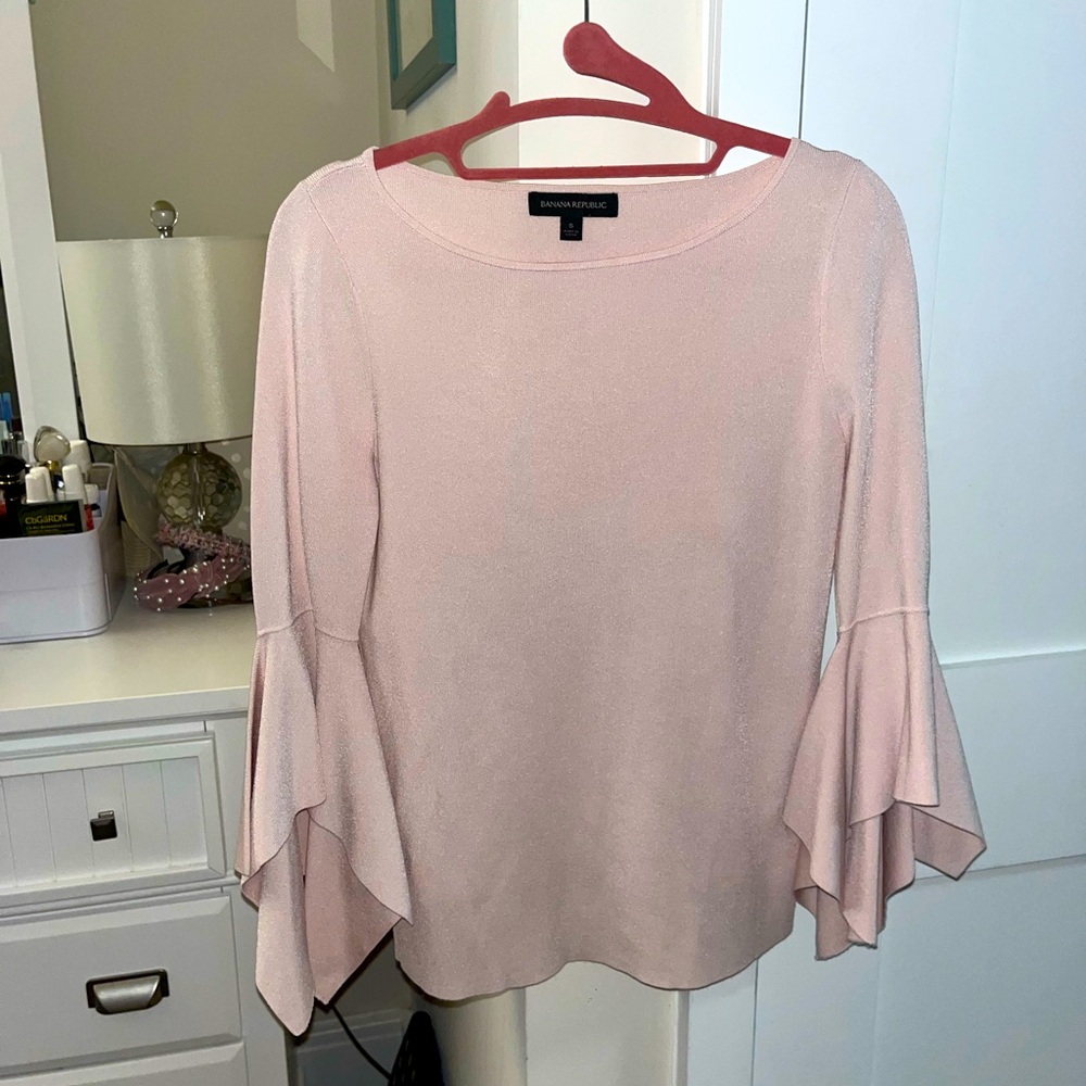 Blush pink shiny Banana Republic top with cute detailed bell sleeves